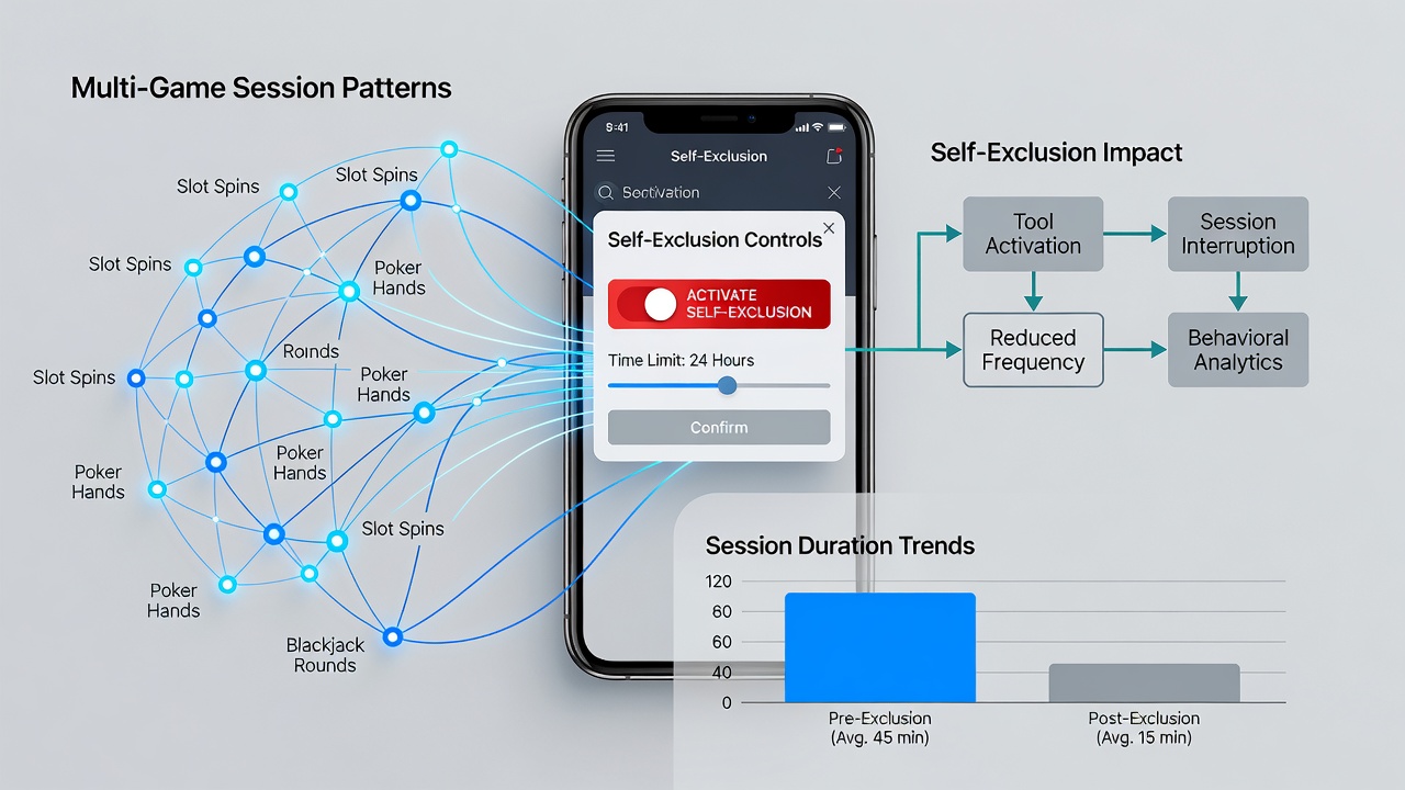Analytics dashboard showing session data with game switches and self-exclusion indicators