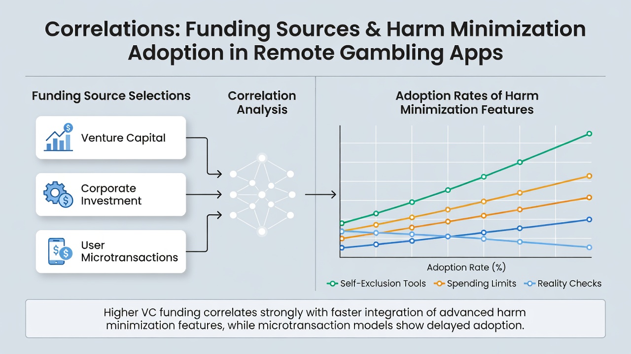Data visualization showing funding method distributions alongside harm reduction tool usage rates in remote gambling platforms