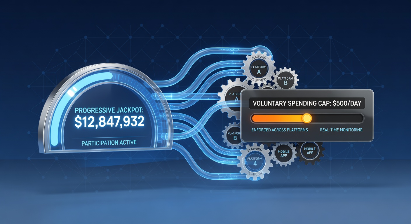 Dashboard view of voluntary spending cap settings alongside progressive jackpot contribution trackers on a mobile casino app