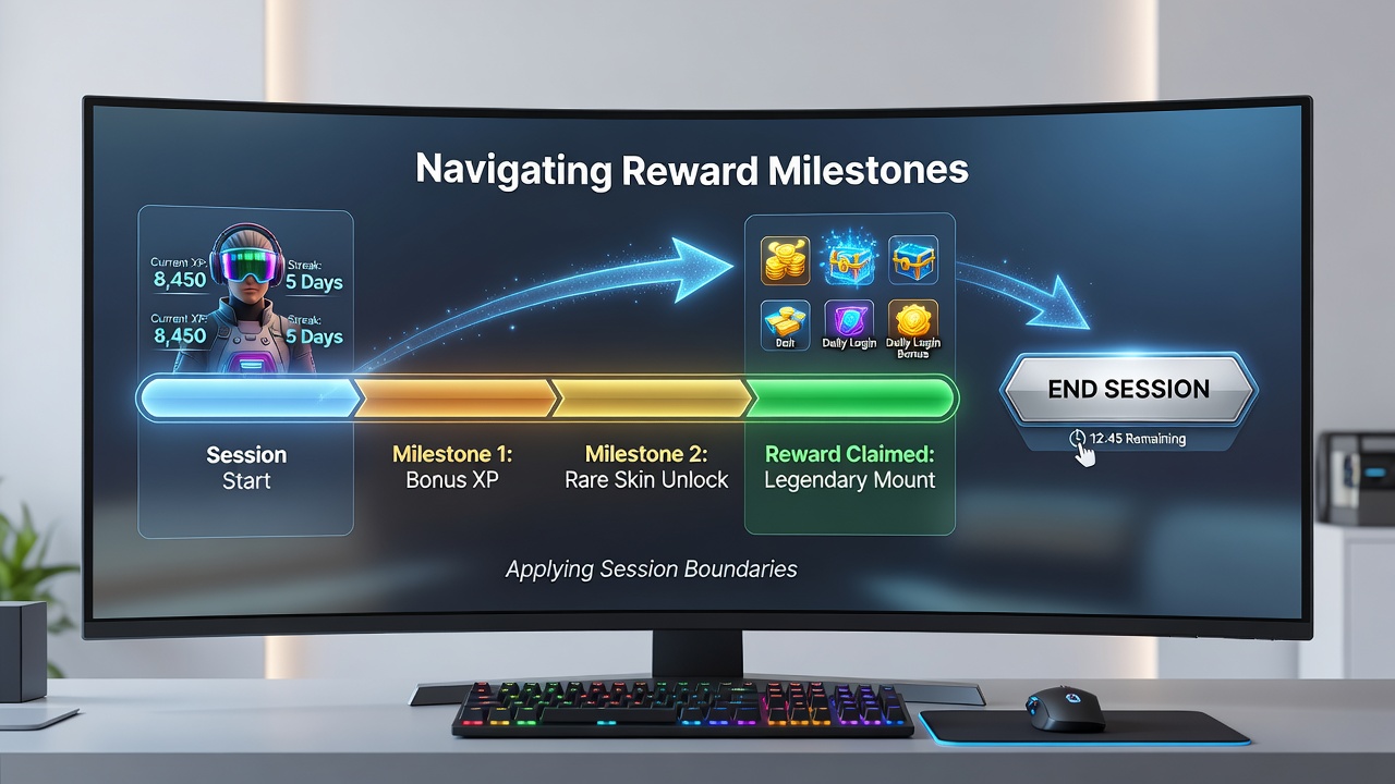 Online gaming interface showing reward progress bars alongside session timer controls on a mobile device