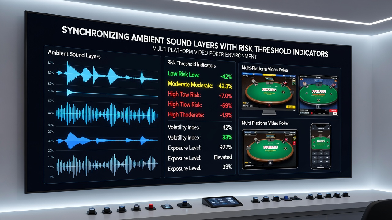 Close-up of video poker mobile screen displaying synchronized risk alert audio waveform alongside threshold meter
