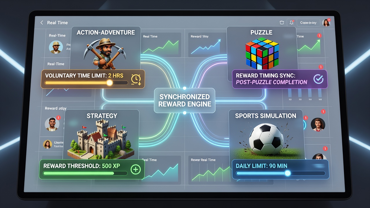Cross-platform dashboard displaying reward timing aligned with voluntary spending limits in slots, table games, and sports betting